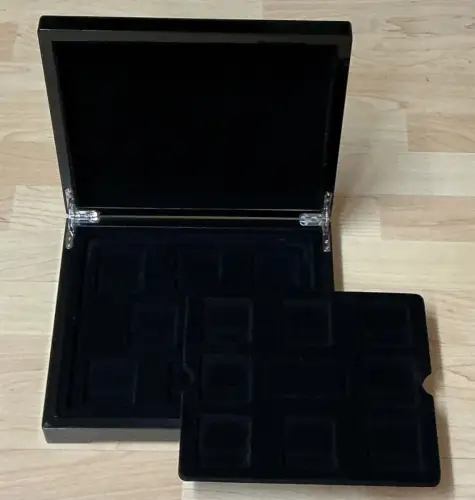 Leer Holz Etui für 16 Münzen Medaillen Münzbox Lackiert Schwarz