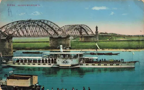 AK Riesa Raddampfer Kaiser Wilhelm II. Brücke Sachsen gelaufen Postkarte