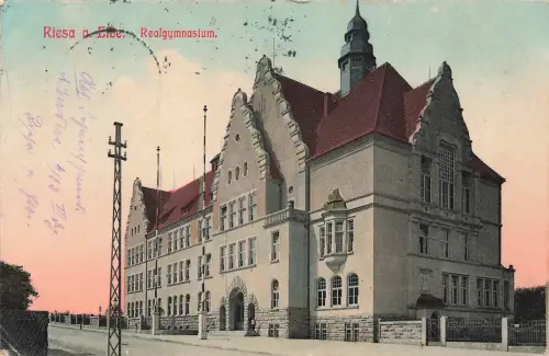 AK Riesa a. Elbe Realgymnasium Sachsen 1915 gelaufen Feldpostkarte