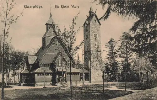 AK Krummhübel Karpacz Stabkirche Wang Schlesien Riesengebirge Postkarte