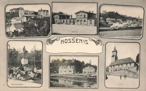 AK Nossen Mehrbildkarte Bahnhof Kirche Denkmal Sachsen 1908 gelaufen Postkarten