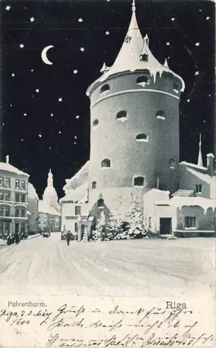 AK Riga Pulverturm Winter Lettland 1900 gelaufen Mondscheinkarte