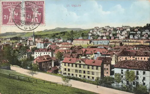 AK St. Gallen Ortsansicht Kirche Schweiz 1919 gelaufen Postkarte