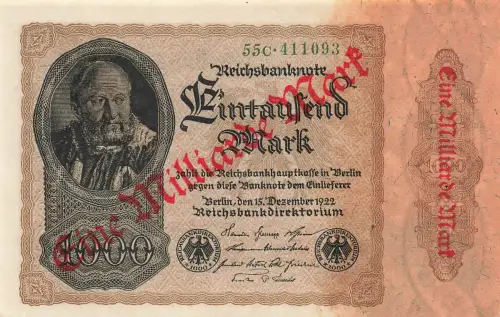 Reichsbanknote 1 Milliarde Mark Überdruck auf 1000 Mark vom 15.12.1922 DEU-126