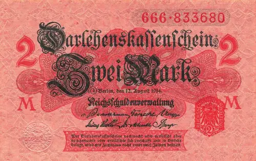 2 Mark Darlehnskassenschein 12.8.1914, DEU-60 Siegel rot Kassenfrisch/UNC