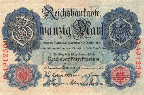 Reichsbanknote 20 Mark 19.2.1914 Mark DEU-41b Kassenfrisch/UNC