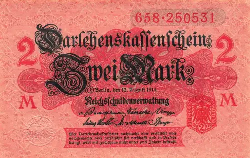 2 Mark Darlehnskassenschein 12.8.1914, DEU-60 Siegel rot Kassenfrisch/UNC