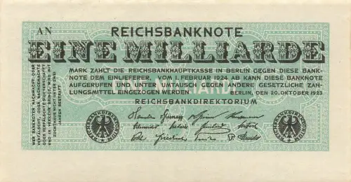 Reichsbanknote 1 Milliarde Mark 20.10.1923 DEU-144a Kassenfrisch / UNC