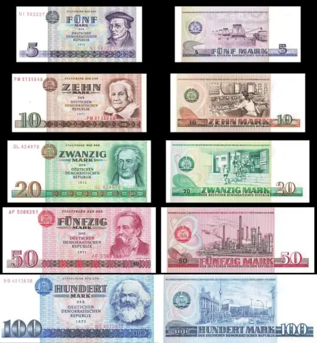 DDR Banknoten Satz 5 ,10, 20, 50 + 100 Mark 1971 bis 1975 UNC / Kassenfrisch