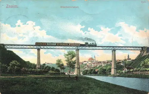 AK Znaim Znojo Eisenbahnviadukt Kirche Mähren gelaufen Postkarte