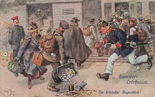 AK 1.WK Hamster Erlebnisse Ein kritischer Augenblick A. Thiele 1919 Patriotika