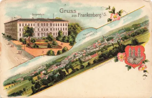 AK Frankenberg Stadtpanorama Bürgerschule Sachsen ungelaufen Postkarte Litho