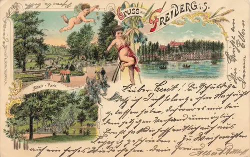 AK Freiberg Albert Park Kreuzteich Schwanenschlösschen Sachsen 1903 Litho