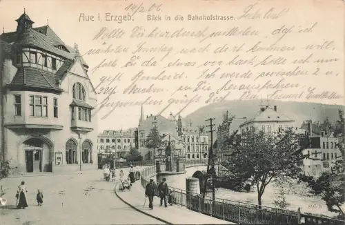 AK Aue Blick in die Bahnhofsstraße Sachsen Erzgebirge 1906 Postkarte
