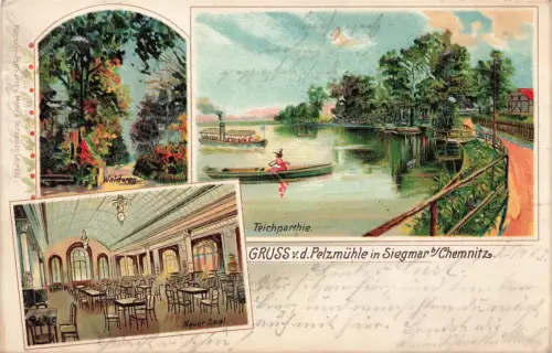 AK Siegmar b. Chemnitz Pelzmühle Teich Neuer Saal Sachsen 1903 Postkarte Litho