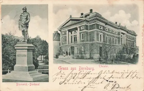 AK Bernburg Bismarck Denkmal Theater Sachsen-Anhalt 1897 gelaufen Postkarte