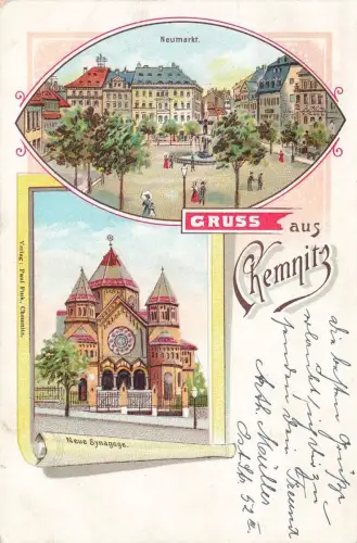 AK Chemnitz Neue Synagoge Neumarkt Sachsen 1904 gelaufen Postkarte Litho