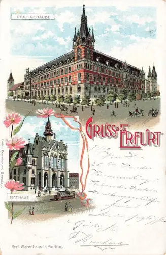AK Erfurt Post Gebäude Rathaus Thüringen 1900 gelaufen Postkarte Litho