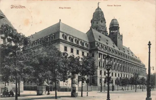 AK Dresden Ring Straße Neues Rathaus Sachsen 1909 gelaufen Postkarte