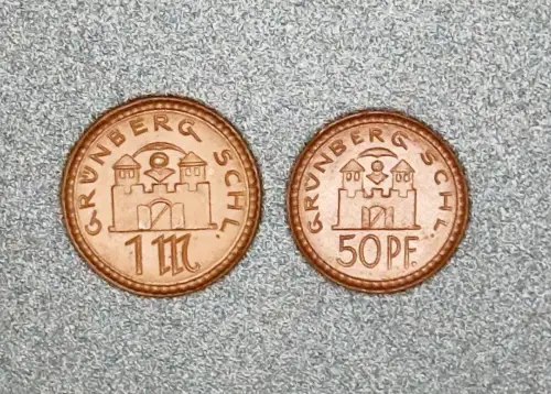 50 Pfennig & 1 Mark 1921 Grünberg Schlesien Porzellan Braun Notgeld