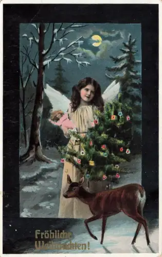 AK Weihnachten Weihnachtsengel Tannenbaum Reh Mondschein 1913 Postkarte