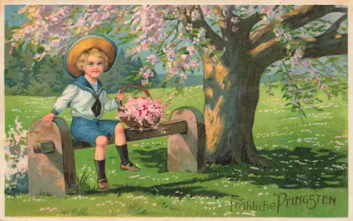 AK Pfingsten Fröhliche Pfingsten Bube mit Blumenkörbchen 1913 Postkarte geprägt