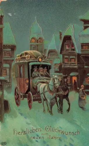 AK Neujahr Pferdekutsche Winterstadt Silvesterkarte 1913 Postkarte geprägt