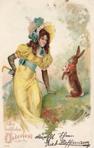 AK Ostern Ein fröhliches Osterfest Dame Osterhase 1904 gelaufen Postkarte