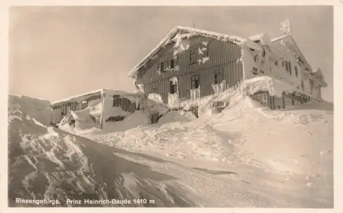 AK Riesengebirge Prinz Heinrich Baude Winter Schnee Schlesien 1938 Postkarte