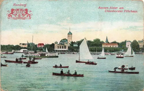 AK Aussen Alster Uhlenhorster Fährhaus Segelboote Ruderer Hamburg 1912 Postkarte