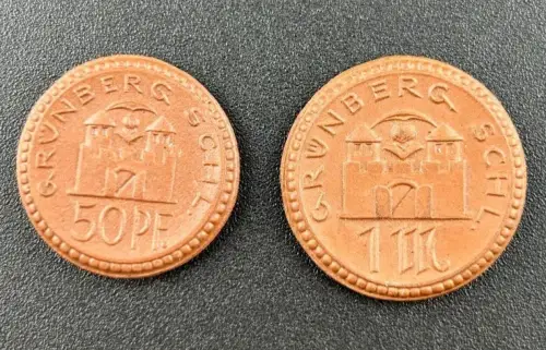 50 Pfennig & 1 Mark 1921 Grünberg Schlesien Porzellan Braun Notgeld