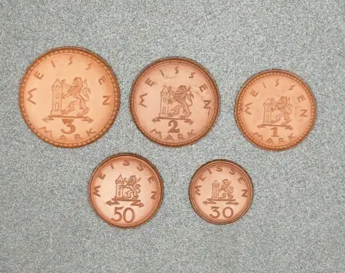 30, 50 Pfennig & 1, 2, 3 Mark 1921 Meissen Sachsen Porzellan Braun Notgeld