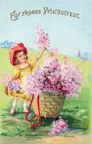 AK Pfingsten Mädchen mit Fliederkorb gelaufen 1906 Postkarte
