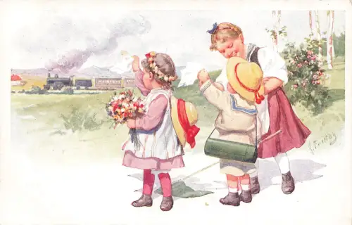 AK K. Feiertag Schulkinder winken Dampflok ungelaufen Postkarte 4130-1