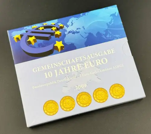BRD 5 x 2€ Münze vergoldet 2009 10 Jahre Euro Gemeinschaftsausgabe