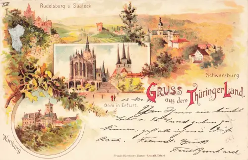 AK Thüringer Land Erfurt Wartburg Rudelsburg Thüringen 1899 Postkarte Litho