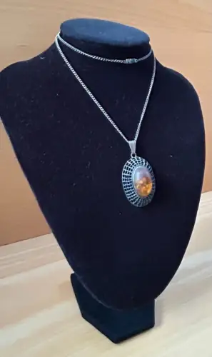 Damen Halskette Bernsteinanhänger 835 Silber aus DDR - Zeit