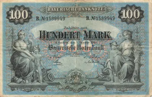 Bayerische Bank 100 Mark Banknote BAY-3b München 1.1.1900