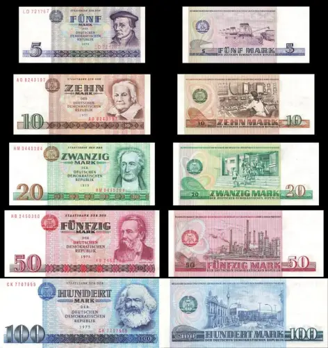 DDR Banknoten Satz 5 ,10, 20, 50 + 100 Mark 1971 bis 1975
