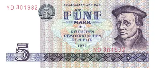DDR Banknote 5 Mark 1975 Thomas Müntzer Ro: 361b Ersatznote, KASSENFRISCH / UNC
