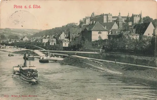 AK Pirna a. d. Elbe Stadtansicht Dampfschiff Sachsen 1912 gelaufen Postkarte