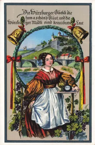 AK Würzburg Festung Marienberg Fräulein in Tracht Spruchkarte Bayern Postkarte