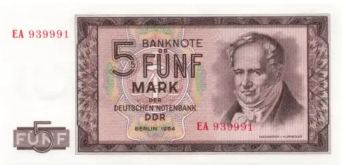 DDR Banknote 5 Mark 1964 Alexander v. Humboldt Ro: 354a Kassenfrisch / UNC
