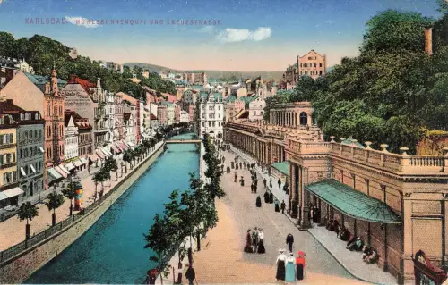 AK Karlsbad Karlovy Vary Mühlbrunnenquai Kreuzstraße Böhmen ungelaufen Postkarte