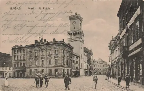 AK Sagan Markt Ratsturm Schlesien 1911 gelaufen Feldpostkarte