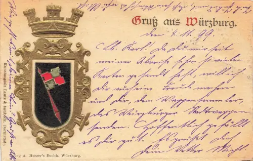 AK Würzburg Wappenpostkarte Bayern 1898 gelaufen Postkarte geprägt