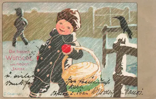 AK Neujahr Die besten Wünsche Wintermotiv Kind mit Korb 1906 gelaufen Postkarte