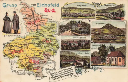 AK Eichsfeld Sehenswürdigkeiten Landkarte Thüringen 1932 gelaufen Postkarte