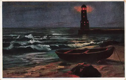 AK Sylt Nachtstimmung Leuchtturm Nordsee Schleswig-Holstein 1927 Postkarte