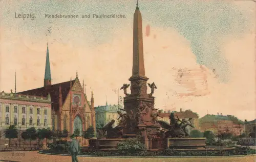 AK Leipzig Mendebrunnen Paulinerkirche Sachsen 1909 gelaufen Postkarte